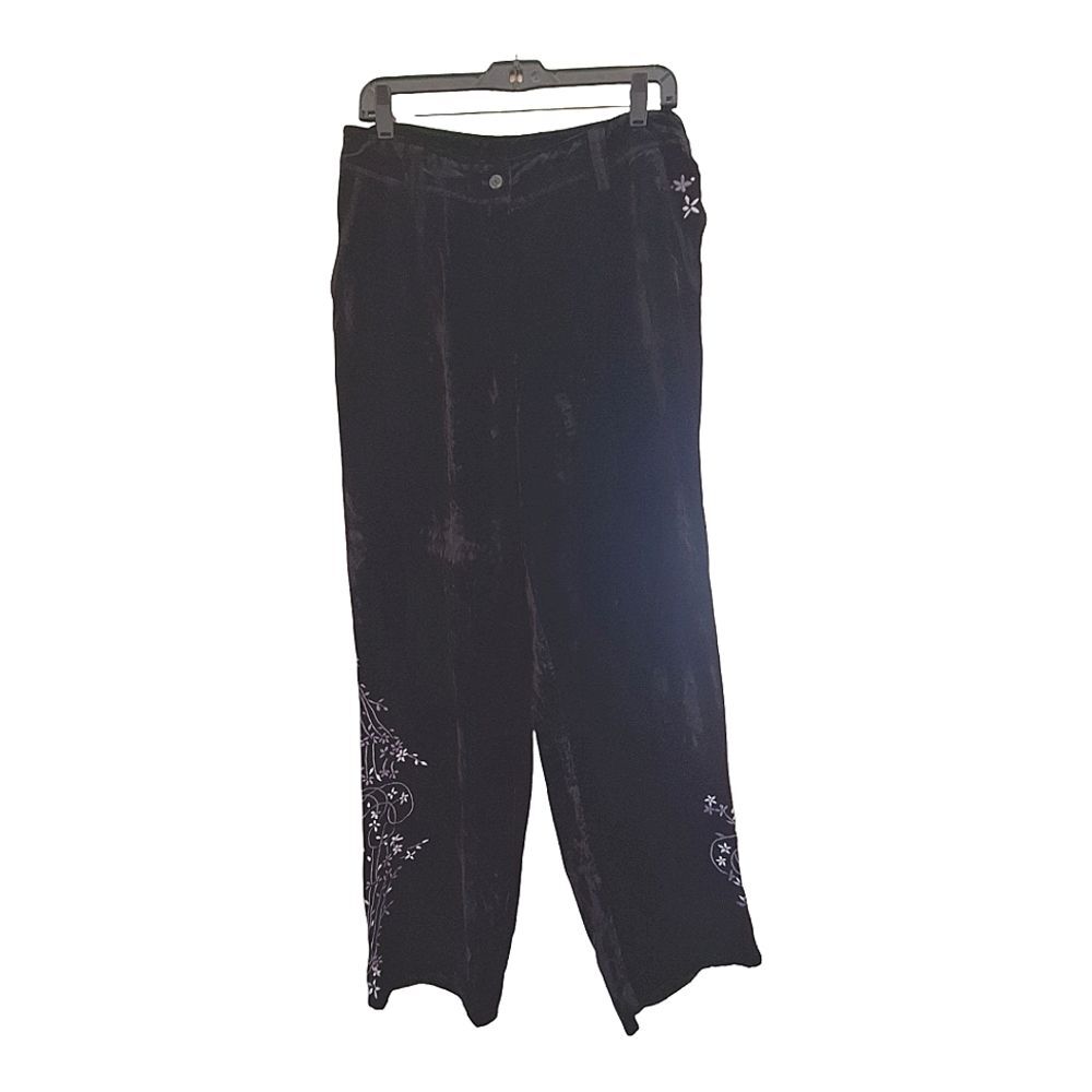 J. Jill Black Velvet Embroidered Wide Leg Pants size 12 Pockets Zip Fly Trousers